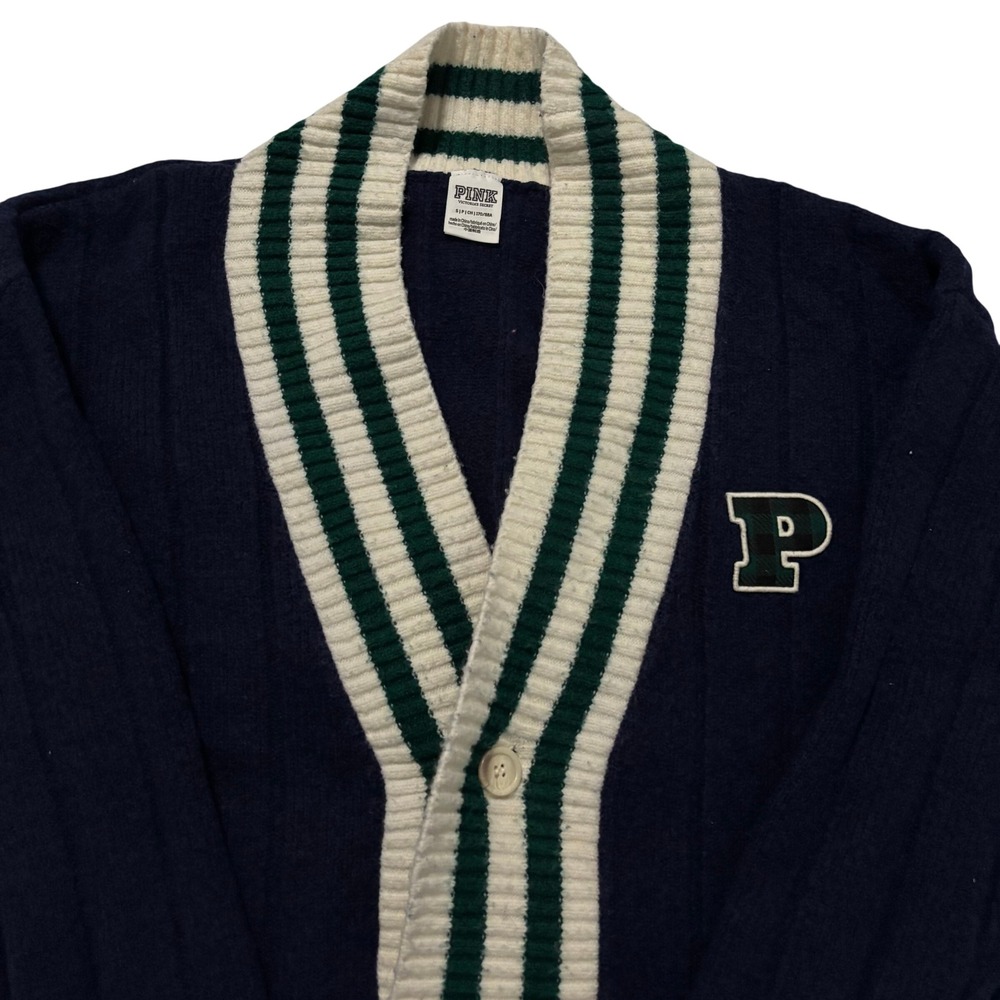 Victoria's Secret PINK Varsity Cardigan Sweater Navy Blue Shawl Collar Small Y2K